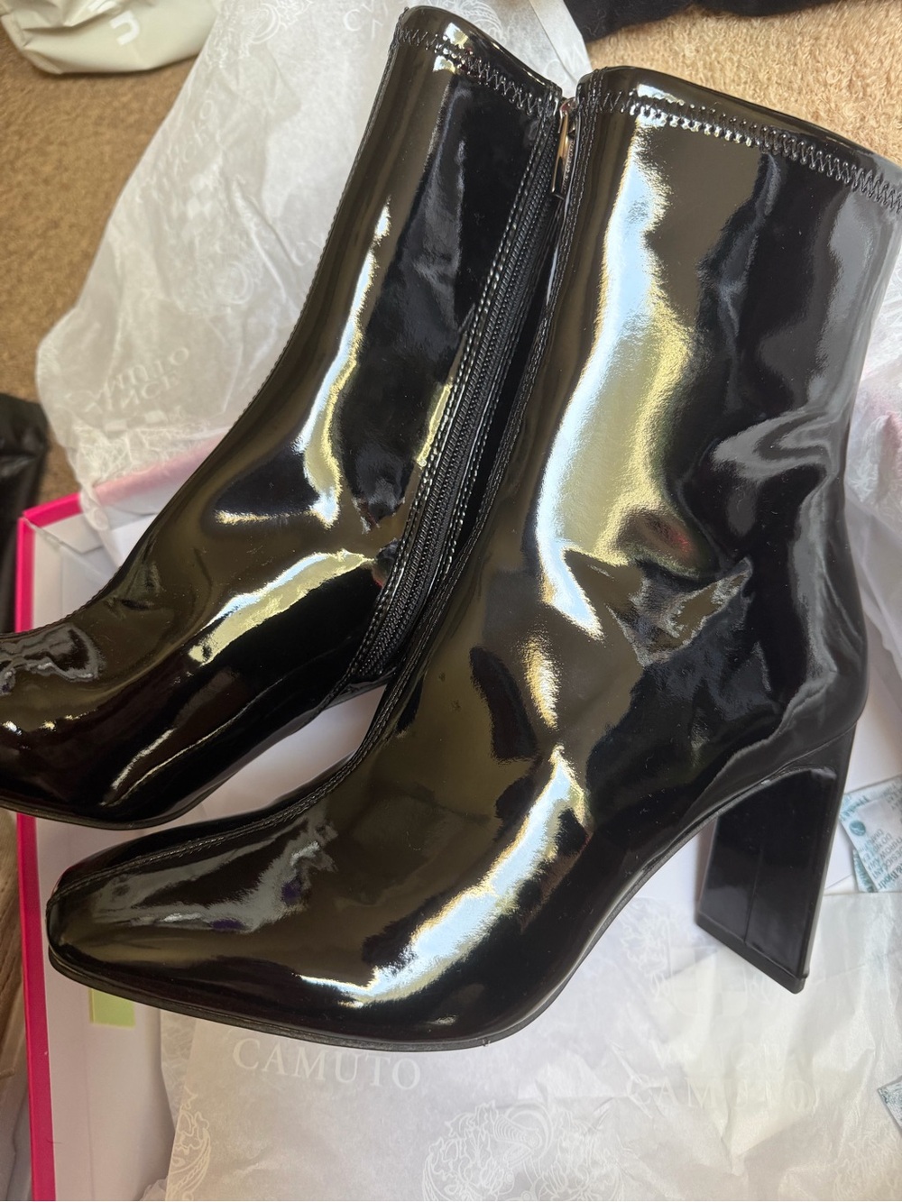 Vince Camuto Black Patent Block Heel Ankle Boots